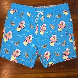 Party Pants Blue Swim Shorts with Fun Print Starfish Funny Vacay Shorty